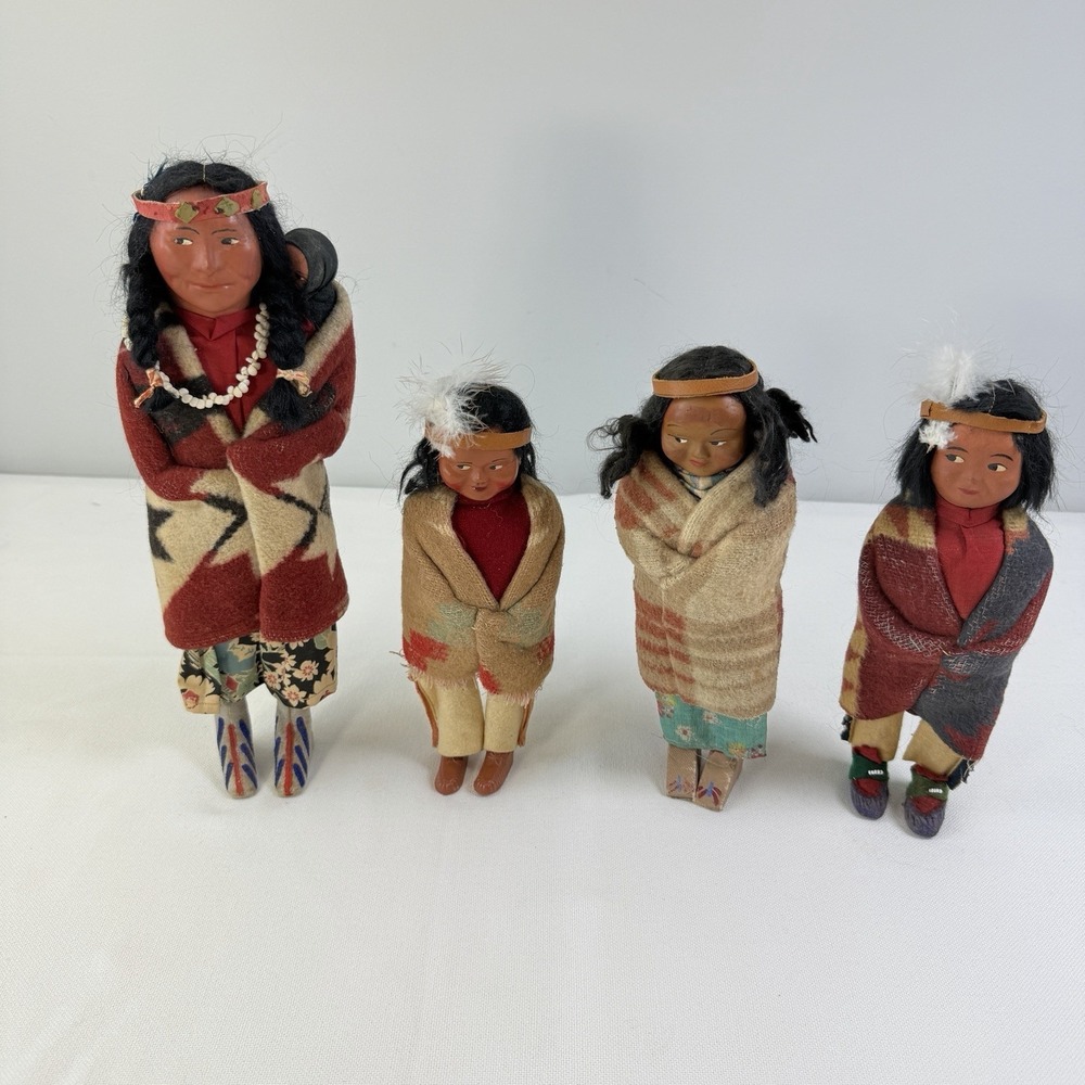 Vintage Smoking Bully Good Indian Dolls 10-13" Chief, Mother, Papoose Lot of 4